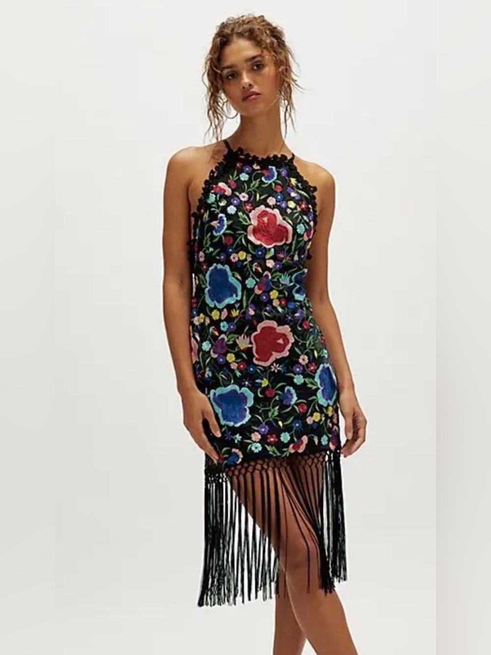 NWT free people fringe lover mini dress black with floral embroidery XS